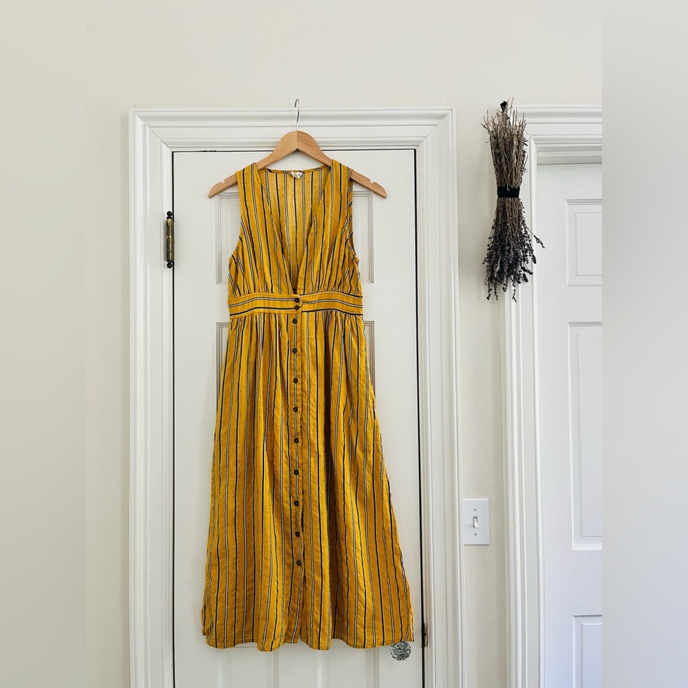 Hem & Thread Yellow Striped, Deep V Maxi Dress with Pockets
